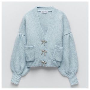 Zara Light Blue Cardigan with Rhinestone bow buttons